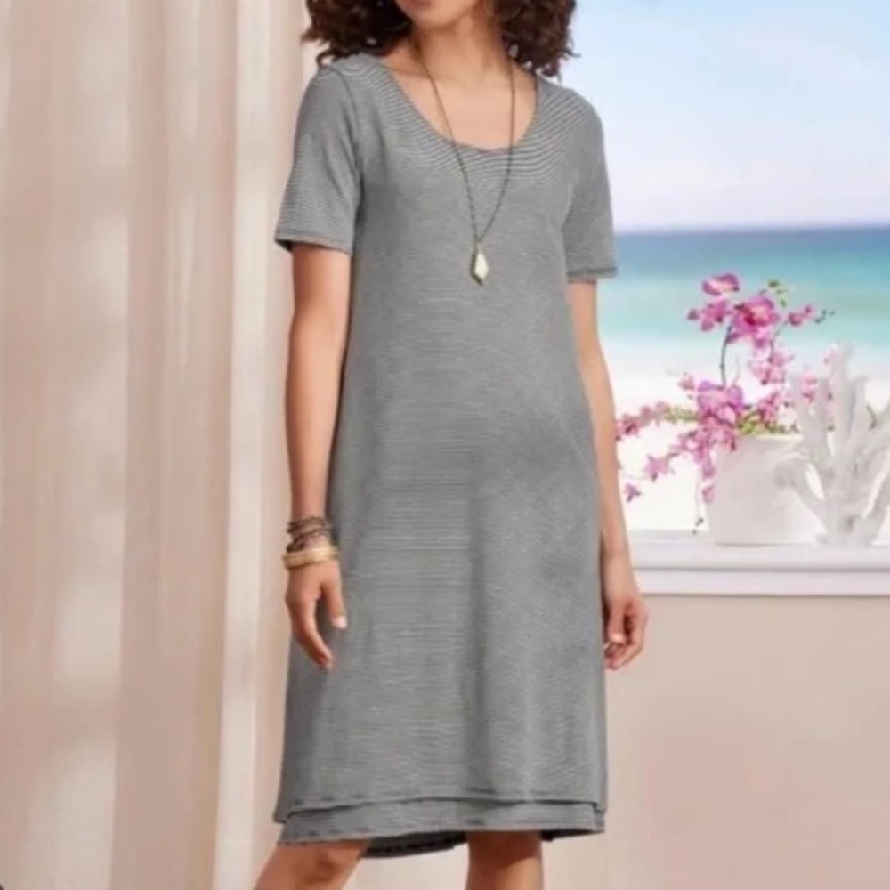 Soft Surroundings Camille Stretch Pima Cotton T-Shirt Dress Navy Stripe Midi-L